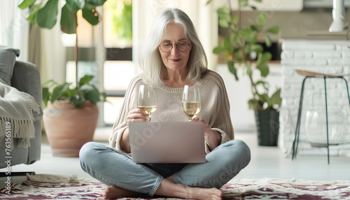 Portrait of positive pretty aged lady sit carpet floor enjoy wine glass use wireless laptop white modern interior house inside