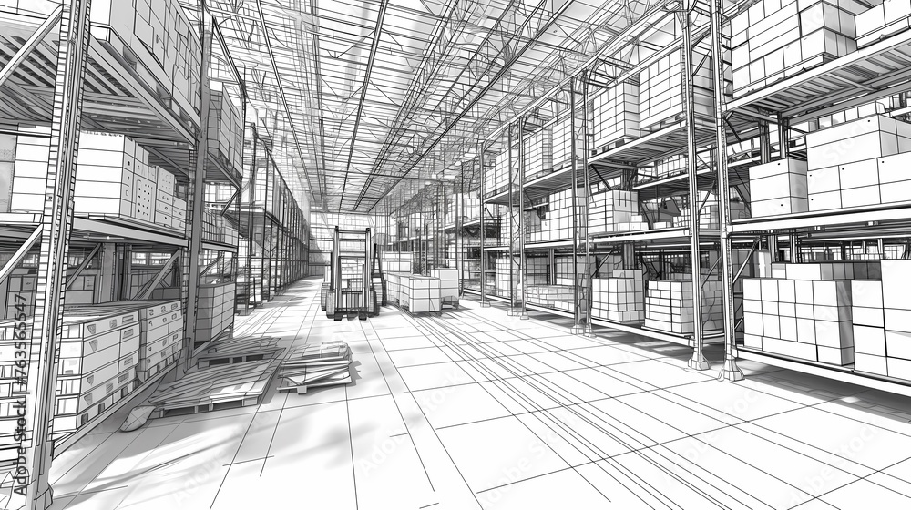 Huge distribution warehouse with high shelves and loaders. Black and White, line art. Logistic, transport and business concept. Banner. Huge distribution warehouse with high shelves and loaders. Black and White, line art. Logistic, transport and business concept. Banner.