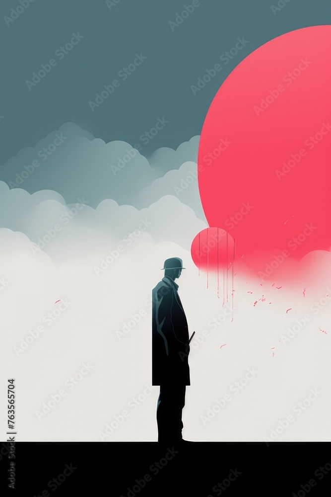 A man stands in front of a large red circle A man stands in front of a large red circle
