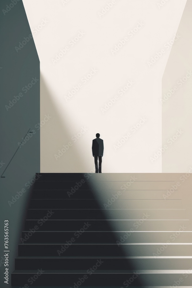A man stands on a staircase in a dimly lit room