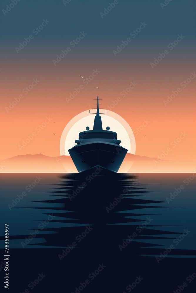 Obraz premium A large ship is sailing on the ocean with a sunset in the background