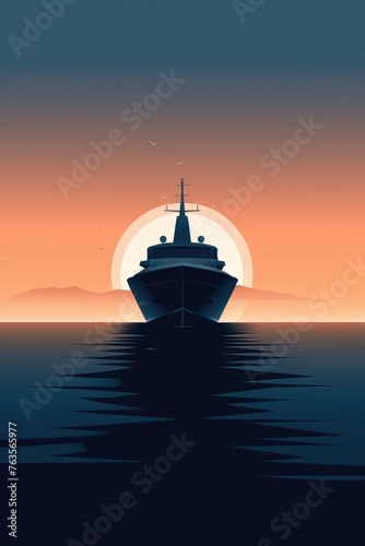 A large ship is sailing on the ocean with a sunset in the background