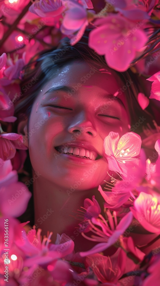 A woman smiles while surrounded by pink flowers