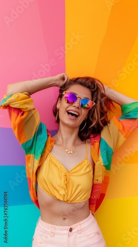 A woman in a colorful shirt and sunglasses