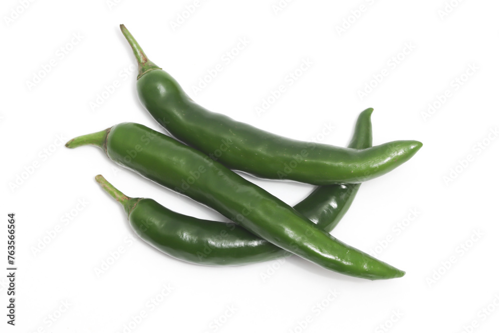 Three green hot chili pepper top view isolated on white background clipping path Three green hot chili pepper top view isolated on white background clipping path