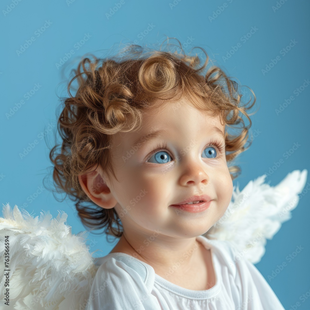 Cute Baby Angel with a Smiling Face and Blue Eyes on a Light Blue Background Cute Baby Angel with a Smiling Face and Blue Eyes on a Light Blue Background