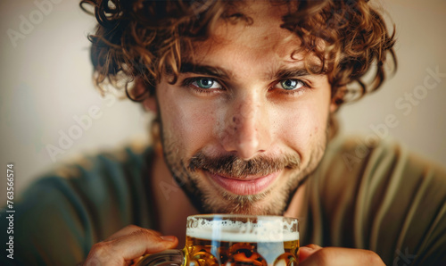 A happy man is drinking a m...