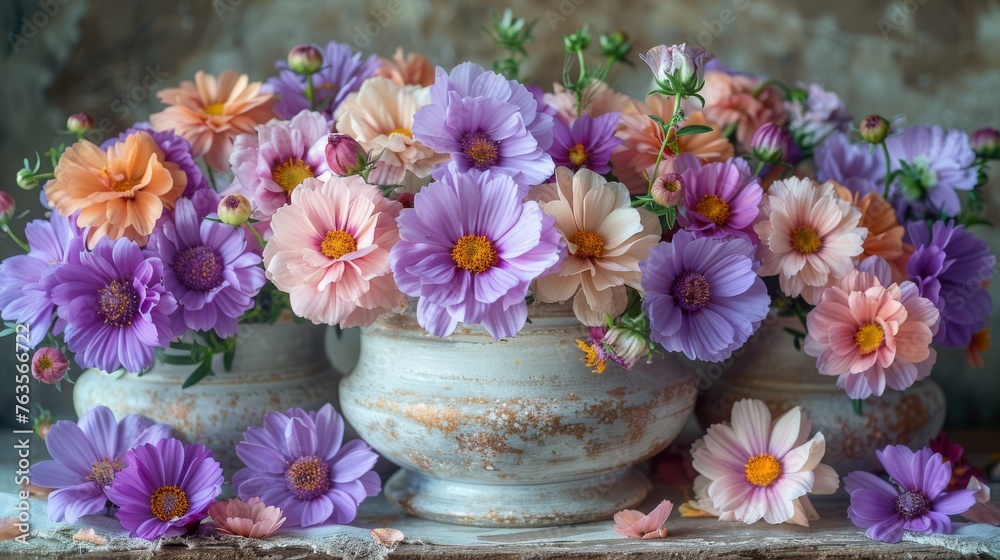a vase filled with lots of purple and orange flowers next to a pile of pink and orange flowers on top of a table. a vase filled with lots of purple and orange flowers next to a pile of pink and orange flowers on top of a table.