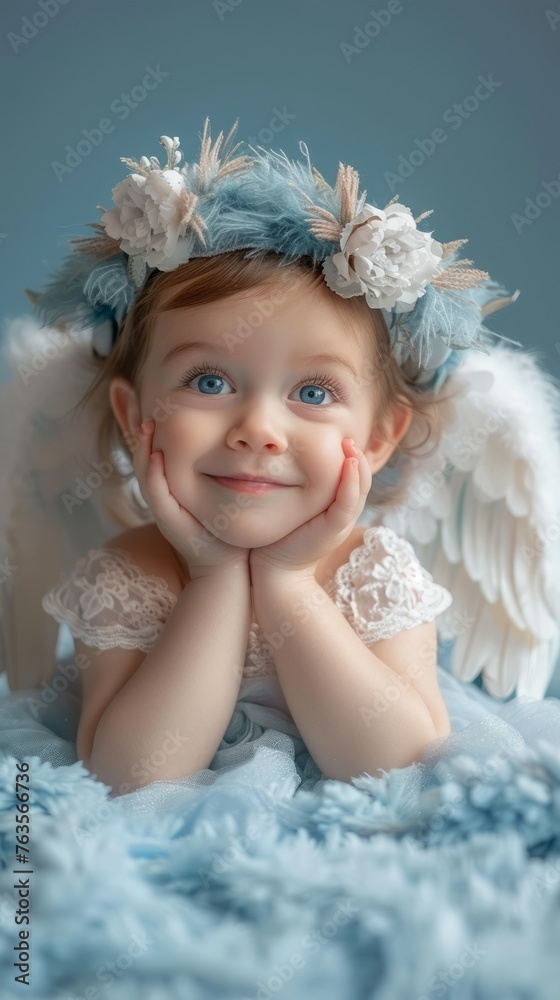 Cute Baby Angel with a Smiling Face and Blue Eyes on a Light Blue Background Cute Baby Angel with a Smiling Face and Blue Eyes on a Light Blue Background