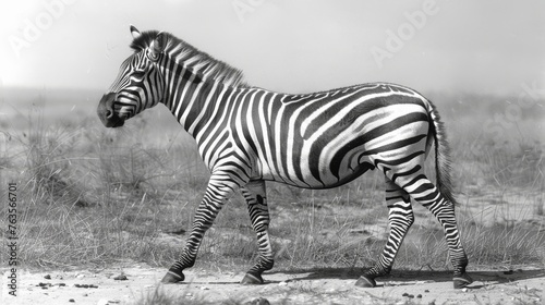  a black and white photo of a zebra standing in a field of dry grass and grass with a sky in the background.