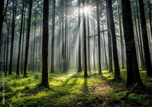 A forest with trees and sunlight shining through the leaves. The light is creating a peaceful and serene atmosphere  making it a perfect place to escape the hustle