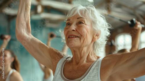 Fitness Community: Older Woman Delighting in Exercise at the Gym with Her Friends, Cultivating Health and Friendship
