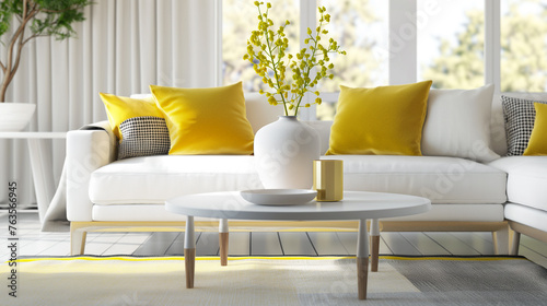 Sofá branco com almofada amarela em uma sala de estar moderna de luxo photo
