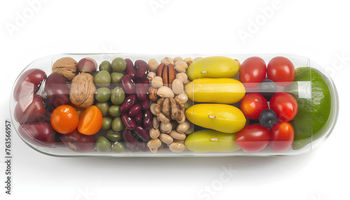 Vitamin supplement nutrition as a capsule with fruit vegetables nuts and beans inside a nutrient pill as a natural medicine health treatment