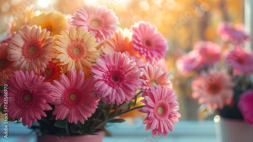  a close up of a vase of flowers on a window sill with the sun shining through the window behind it.