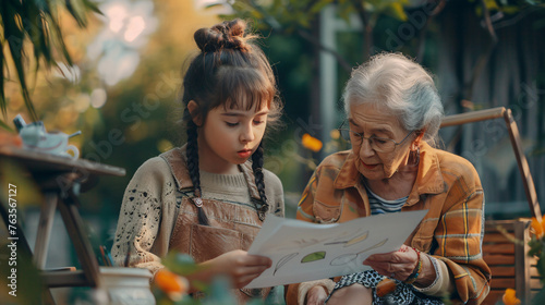 Artistic Bond: Young Girl Sharing Her Drawing with Her Grandmother, Fostering Creativity and Connection Across Generations