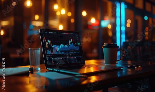 A laptop on the table with stock trading charts on the screen and a cup of coffee nearby