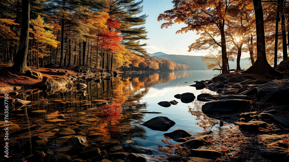 A beautiful autumn day with a lake in the background. The water is calm and the trees are full of leaves A beautiful autumn day with a lake in the background. The water is calm and the trees are full of leaves