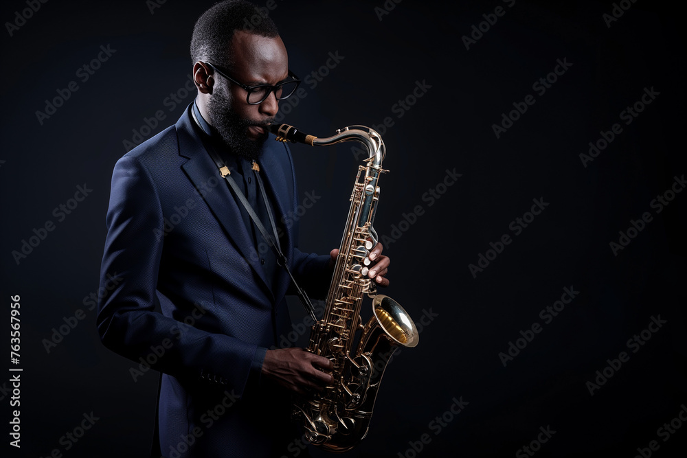 Naklejka premium Rhythmic Soul: An Elegant Jazz Maestro with Saxophone Commands the Dark