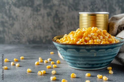 Bowl and canned corn on a grey background, canned corn on a gray background, canned corn closeup, canned corn with copy space, canned corn, corn on a bowl closeup 