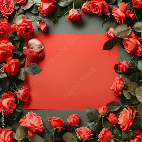Red Sheet of Paper Surrounded by Red Roses on a Wallpaper Background