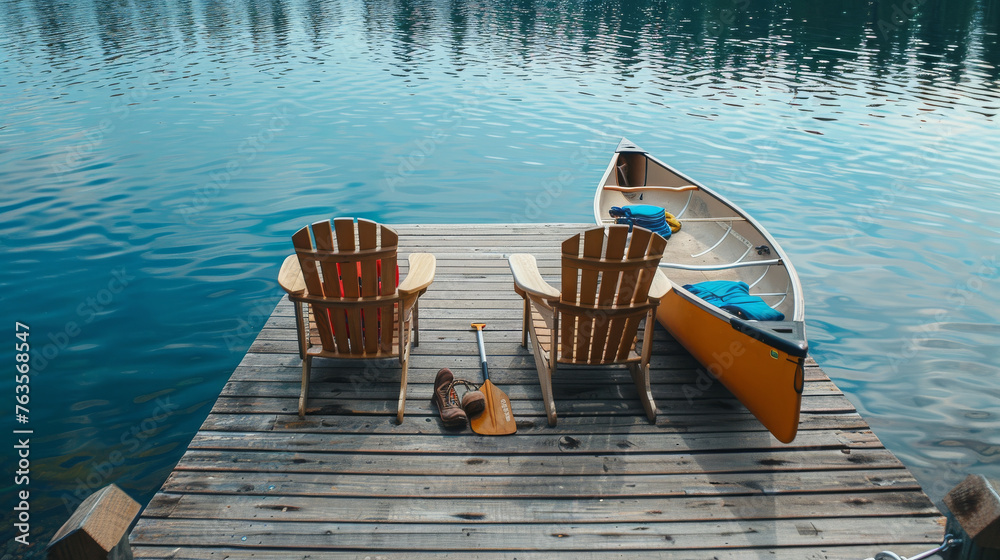 Two Adirondack chairs on a wooden dock facing the blue water of a lake ...