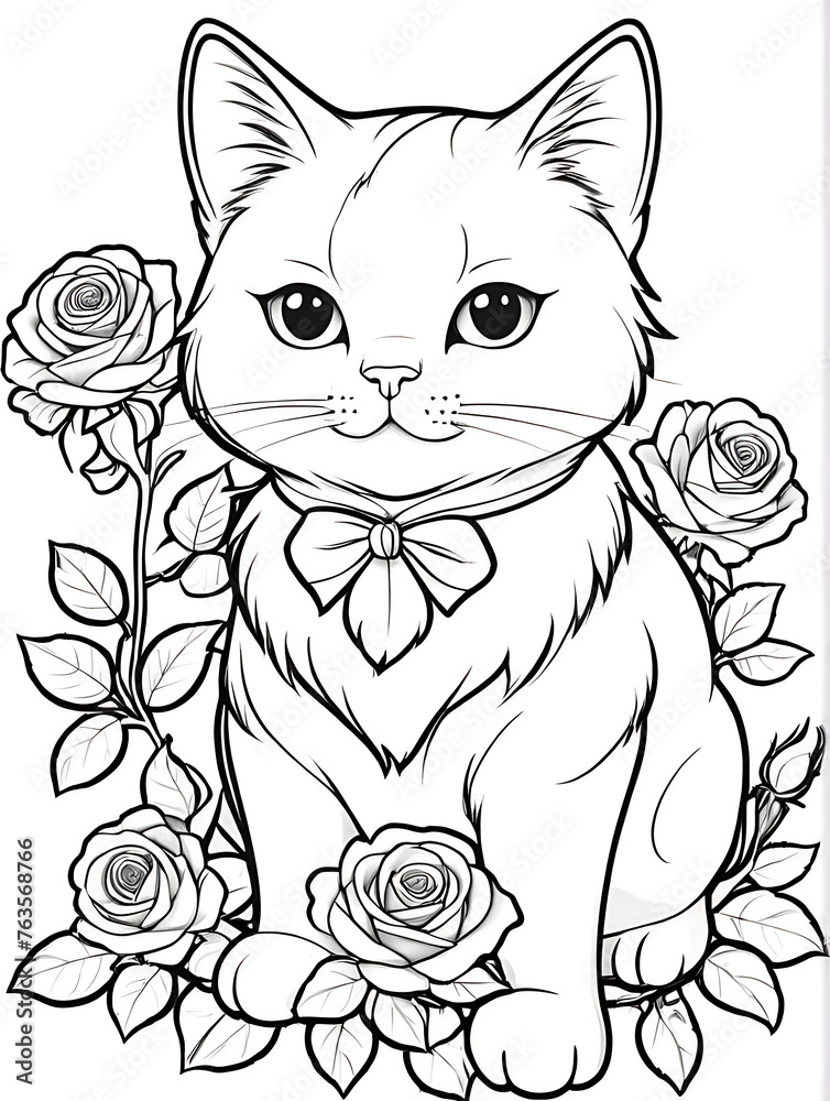 Cat with flower coloring page kids style white background ai generated