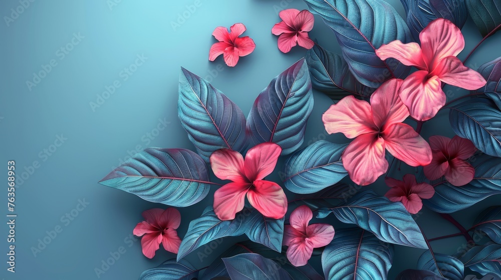 a bunch of pink and blue flowers on top of a green leafy plant with pink and blue leaves on a blue background. a bunch of pink and blue flowers on top of a green leafy plant with pink and blue leaves on a blue background.