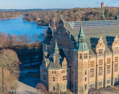 Nordic Museum, Nordiskamuseet in Djurgarden, Stockholm. Aerial view of Sweden capital. Drone top panorama photo photo