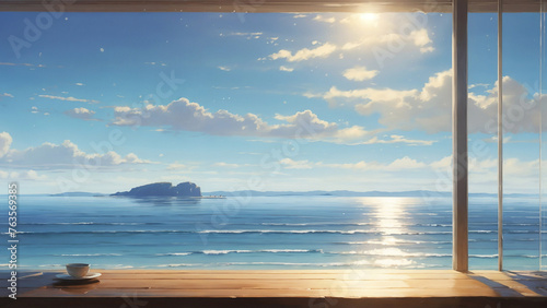 View of the sea through the window. morning Coastline, bright sunshine, summer. © SeanJVision
