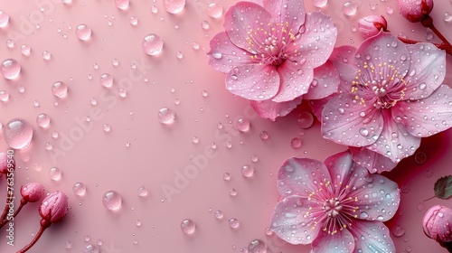  a group of pink flowers with water droplets on a pink background with a place for the text on the left side of the image.