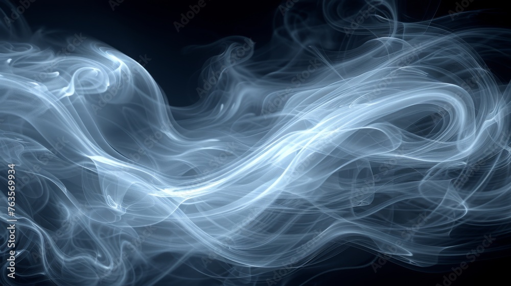  a blue and white swirl of smoke on a black background with a black background and a white swirl of smoke on the left side of the image.