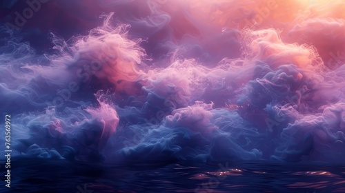  a painting of clouds in the sky over a body of water with the sun shining through the clouds and reflecting on the water's surface.