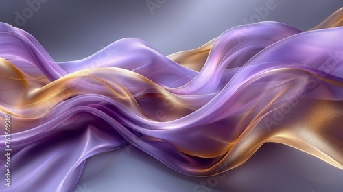  a computer generated image of a flowing purple and gold fabric on a gray background with room for text or image.