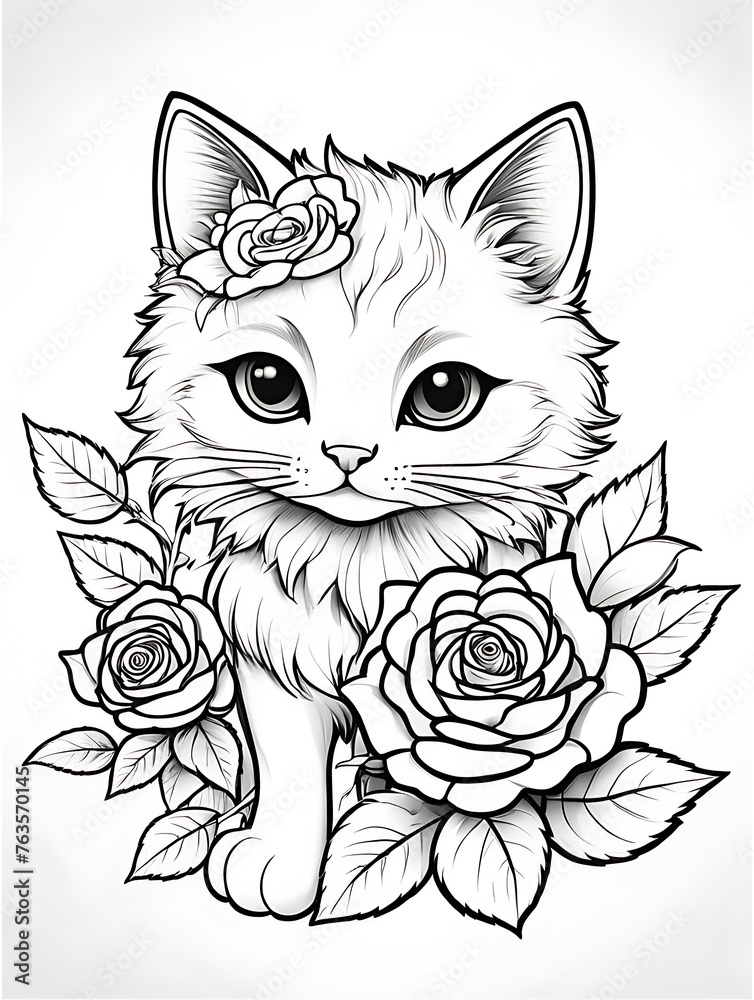 Cat with flower coloring page kids style white background ai generated 