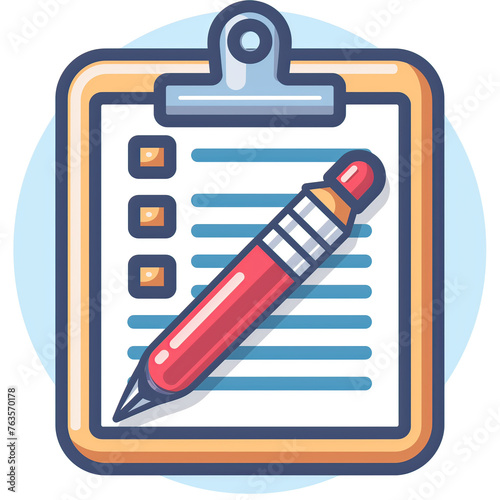 Icono representando un bloc de notas con una lista de tareas pendientes por hacer con un bolígrafo cruzando la hoja, está sujeto por una base con clip, enmarcado en un círculo azul, fondo blanco photo