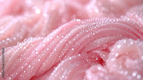  a close up view of a pink fabric with water droplets on the fabric and a pink flower in the background.