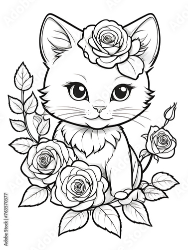 Cat with flower coloring page kids style white background ai generated 