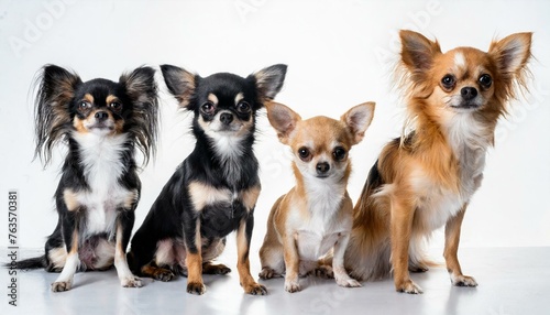 four chihuahua puppy dogs sits isolated on white background, front view looking directly at camera