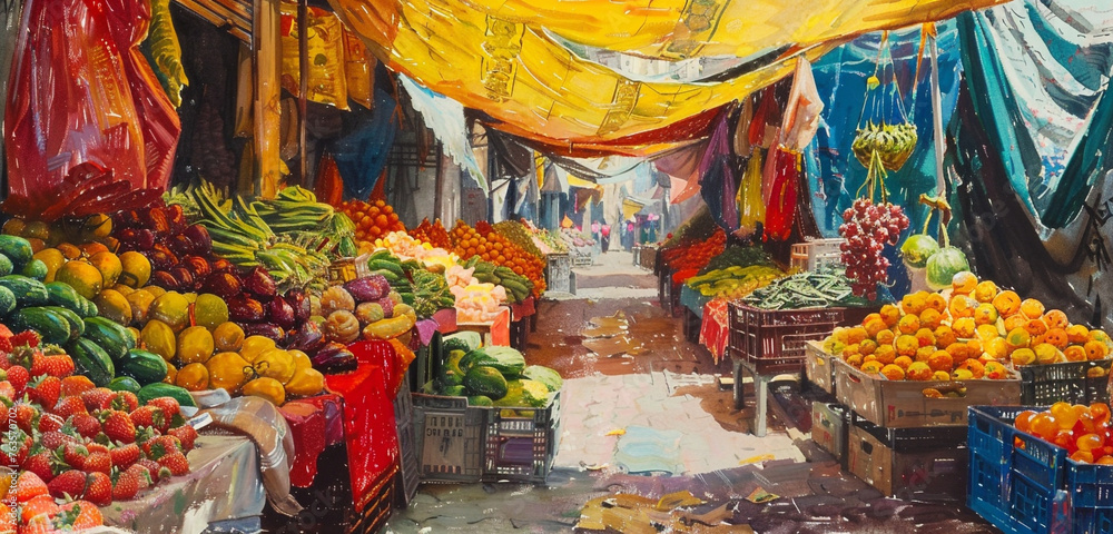 A vibrant street market scene, stalls adorned with bright red and yellow fabrics, and an array of colorful fruits and vegetables on display