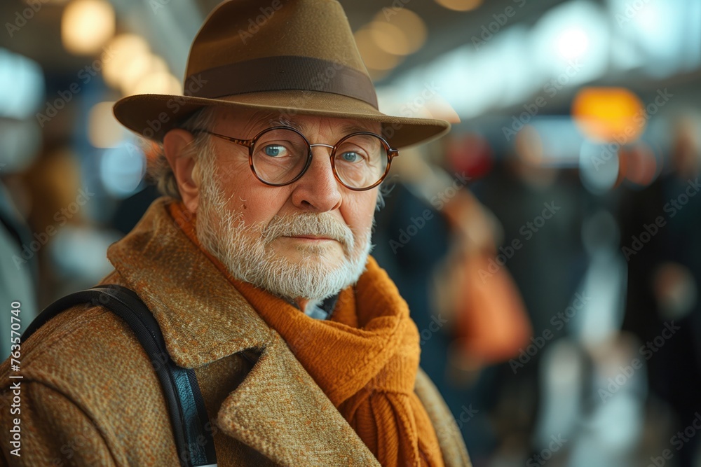In a busy airport terminal, a man in a stylish suit stands out from the throngs of travelers In a busy airport terminal, a man in a stylish suit stands out from the throngs of travelers