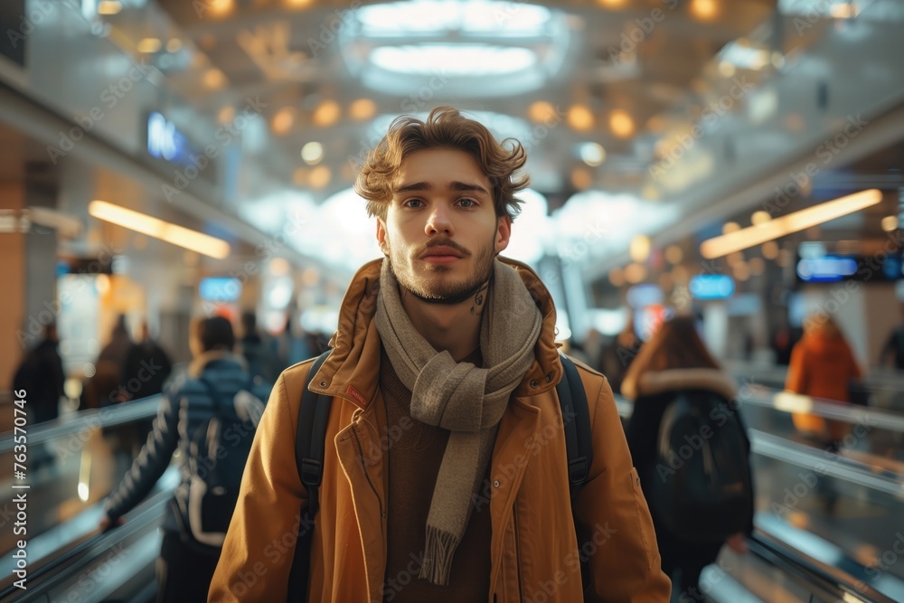 In a busy airport terminal, a man in a stylish suit stands out from the throngs of travelers In a busy airport terminal, a man in a stylish suit stands out from the throngs of travelers