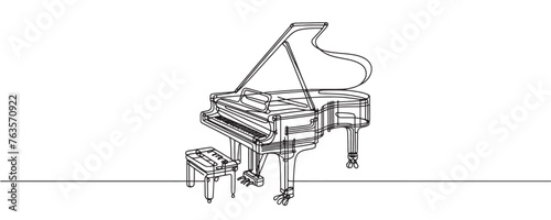 grand piano one line graphic illustration, minimalist style, grand piano with chair one line