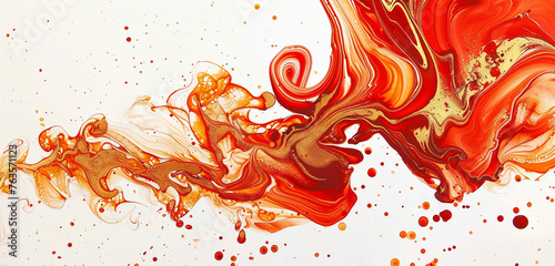 An abstract composition in vermilion and gold ink, with swirling patterns suggesting a fiery dance, isolated on white background photo