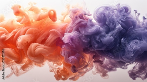  a group of multicolored smokes floating in the air on a white and blue background with a white sky in the background.