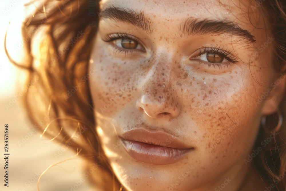 Close up of dewy summer skin with freckles, glowing and natural, warm sunlight and soft skin tones
