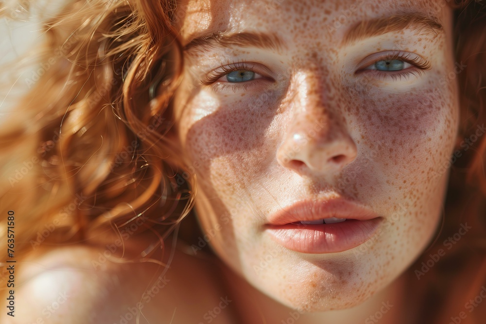 Close up of dewy summer skin with freckles, glowing and natural, warm sunlight and soft skin tones Close up of dewy summer skin with freckles, glowing and natural, warm sunlight and soft skin tones