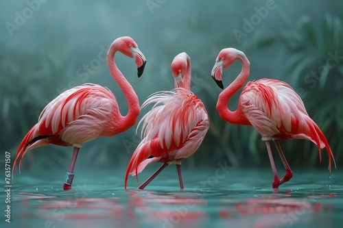 Flamingos in ballet slippers, their onelegged poses a dance of elegance on the water s stage  photo