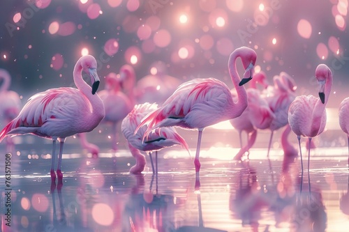 Flamingos in ballet slippers, their onelegged poses a dance of elegance on the water s stage  photo