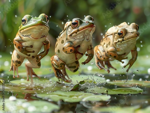 Frogs in tiny football helmets leaping gracefully between lily pads, their croaks syncing with the whistle of a game starting 
